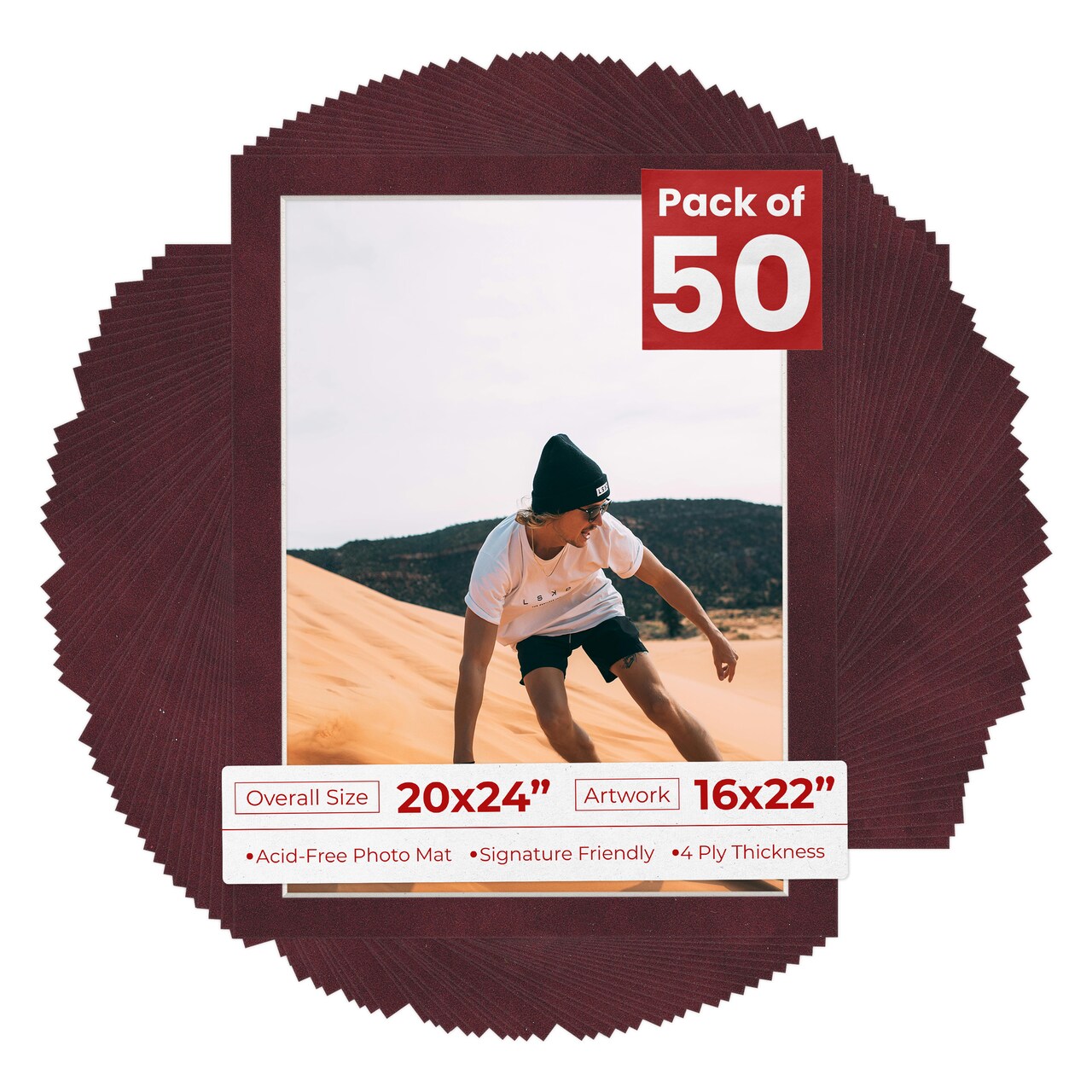 Dark Red Suede Mat Board for 20x24 Frames - Fits 16x22 Photos